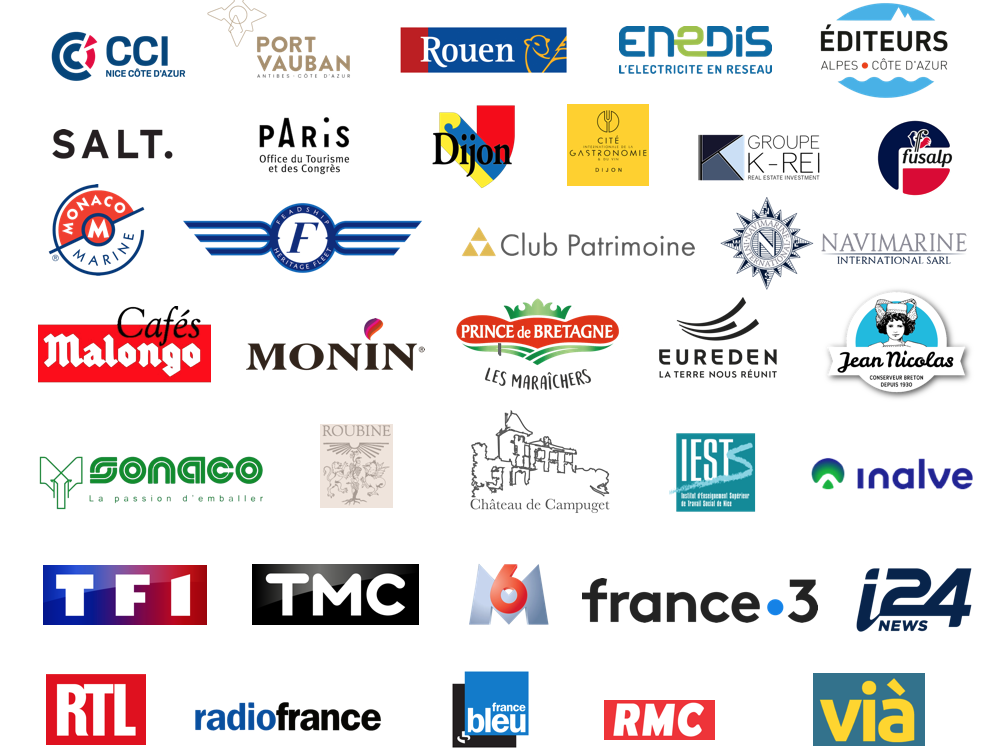 Logos des partenaires d'Emma Production : CCI Nice, Enedis, TF1, TMC, M6, France 3, RTL, Radio France, RMC, TV5 Monde et plus.